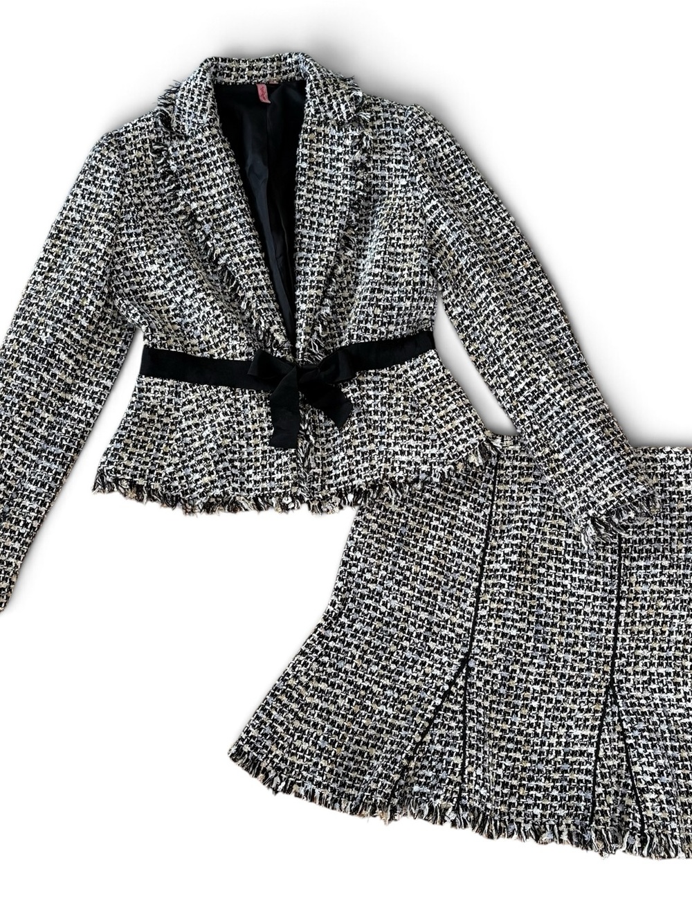 Y2K Matching Fall  Skirt Set Tweed Raw Fringe Hem Belted Blazer